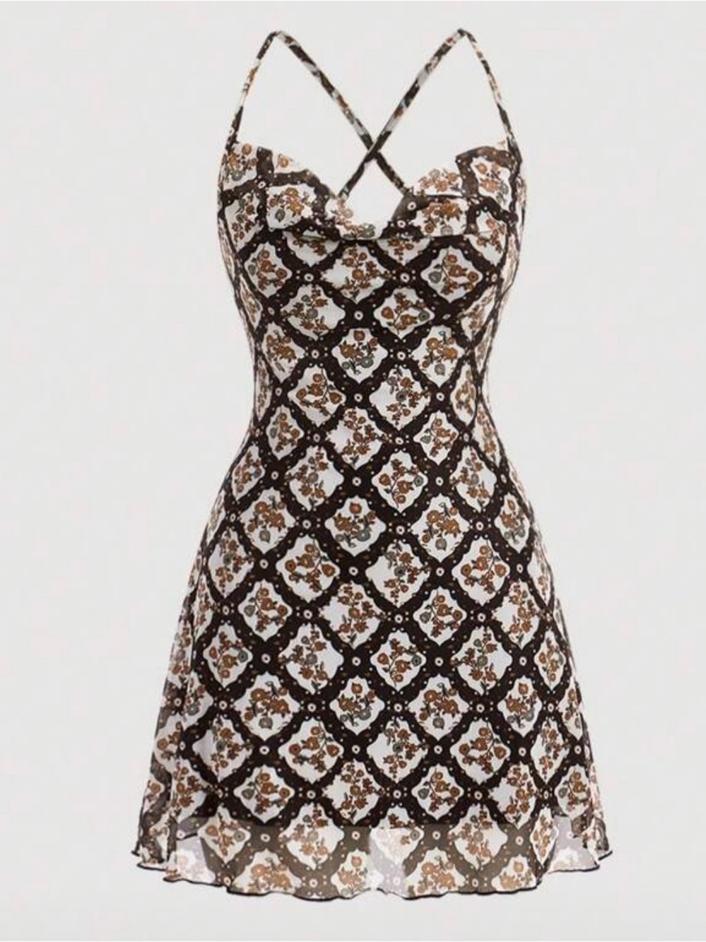 SHEIN Brown & White Floral Print Mini Slip Dress with Crisscross Straps